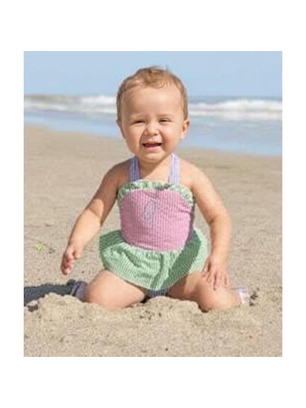 Seersucker Halter Pink, Green, Blue A Monogram Swimsuit Size 6 Months